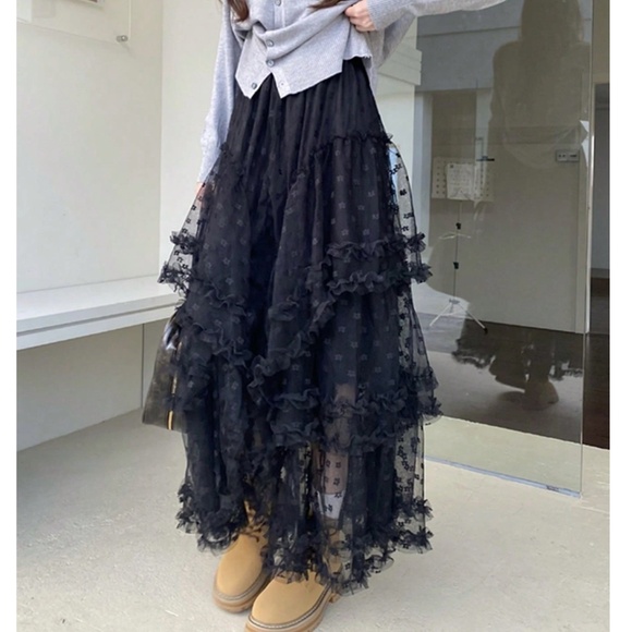 NWT BellanBlue Black Swiss Dot Maxi Skirt XL Lace Ruffle Whimsigoth Dark Romance - Picture 7 of 17